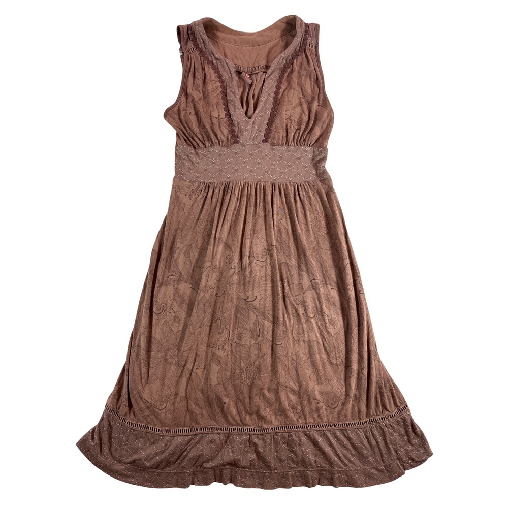 Language Los Angeles Brown Floral Boho Empire Waist Lace Trim Dress XS 594-094